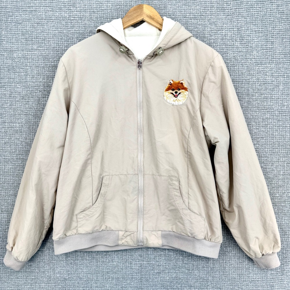 Hooded Jacket Pomeranian‎ Embroidery Full Zip Reversible Fleece Coat Sz XL